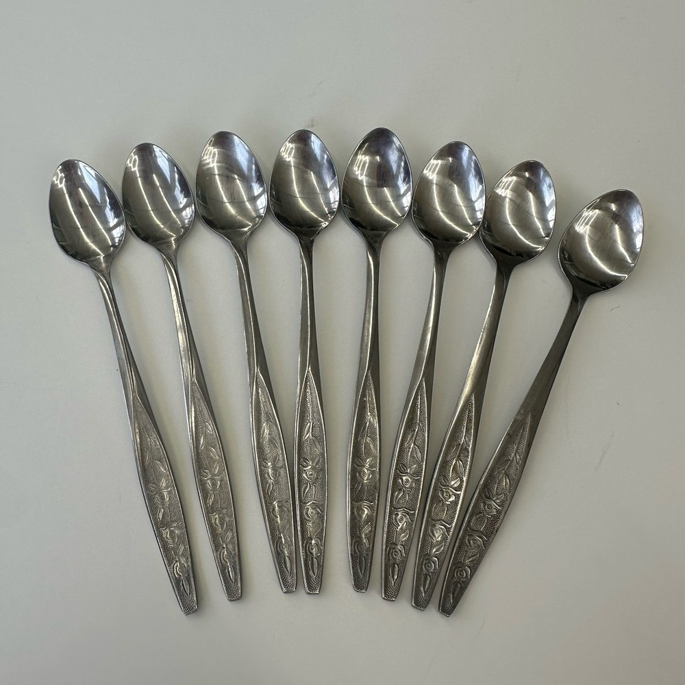 Customcraft Stainless Steel 8 Iced Teaspoons Flatware CUS1 Roses Pattern Vintage